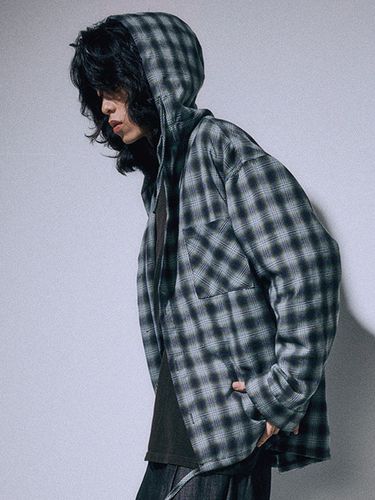 Fluff Ombre Check Hooded Shirt_Khaki - AREUBAN - Modalova