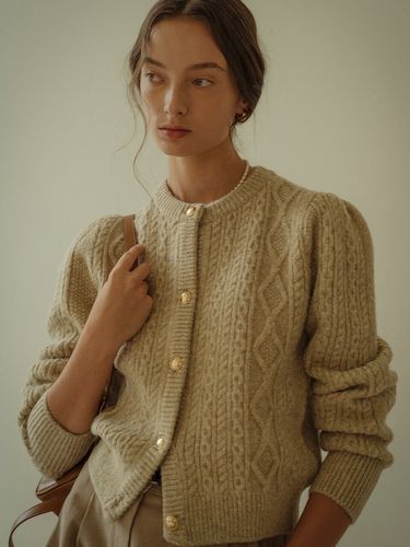 Paisley Puff Cable Round-Neck Cardigan - Beige - TILLIDIE - Modalova