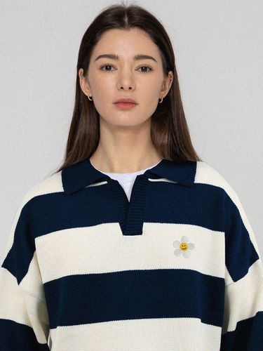 Flower Dot Embroidery Stripe Collar Knit Top_Navy - GRAVER - Modalova