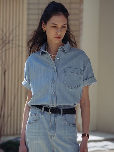 Denim Button Point Half Shirt_Light Blue - TILLIDIE - Modalova