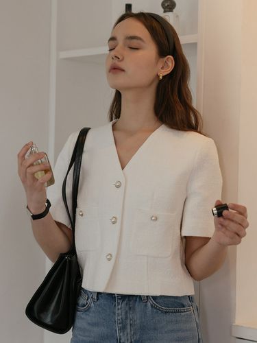 Collarless Pearl Button Summer Tweed Jacket _White - TILLIDIE - Modalova