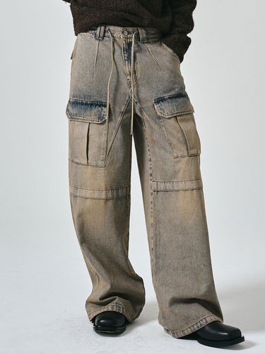 Dirty Washing Cargo String Wide Denim Pants - NOIRER - Modalova