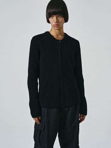 Wool Ribbed Zip Up Cardigan_Black - NOIRER - Modalova