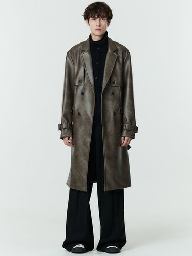 Unisex Vintage Vegan Leather Trench Coat [] - COQUET - Modalova