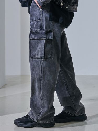 Wide Leg Fatigue Denim Cargo Pants - INROWS - Modalova