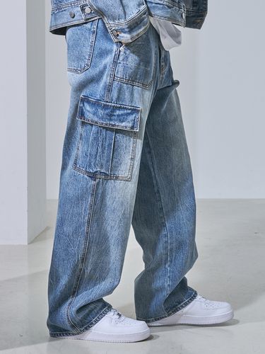 Wide Leg Fatigue Denim Cargo Pants - INROWS - Modalova