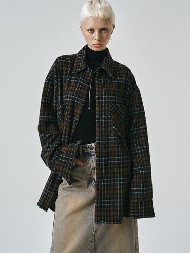 Wool Overfit Check Shirt_Brown - NOIRER for WOMEN - Modalova