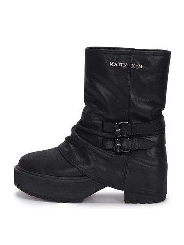 Buckle Layered Leather Middle Boots_Black - Matin Kim - Modalova