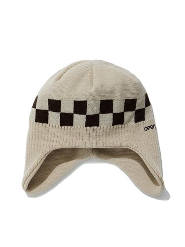 Checker Board Earflap Beanie_Beige - OPEN YY - Modalova