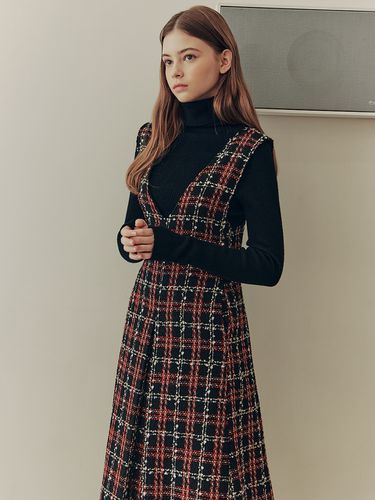 V-neck Pintuck Tweed Dress_Red - ZEROSTREET - Modalova