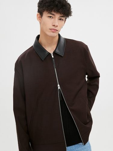 Leather Collar Wool Blend Shirt Jacket - MOONSUN - Modalova