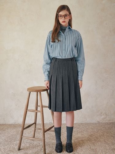 Pinstripe Pleated Midi Skirt_Charcoal Grey - ouel - Modalova