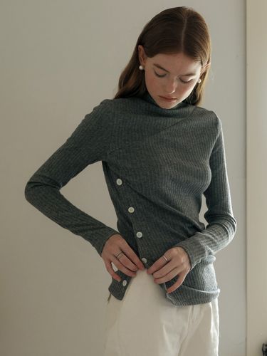 Side Open Button Knit Top - Gray - Cest Moidew - Modalova