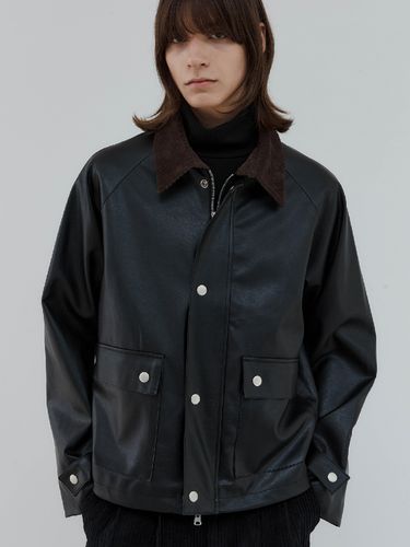 Washed Corduroy Collar Vegan Leather Jacket - Trip LE Sens - Modalova