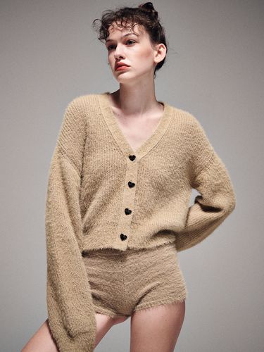 V-neck Fluffy Cardigan - Beige - MARDI MERCREDI - Modalova