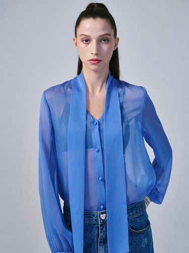 Tie Neck Sheer Blouse - Blue - MARDI MERCREDI - Modalova