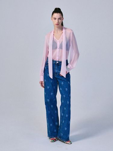 Tie Neck Sheer Blouse - Pink - MARDI MERCREDI - Modalova