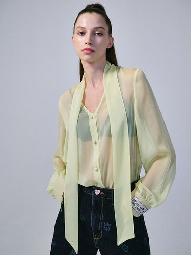 Tie Neck Sheer Blouse - Yellow - MARDI MERCREDI - Modalova