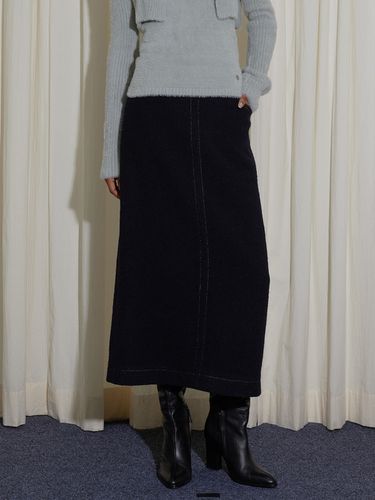 Top Stitched Wool Midi Skirt_Navy - Enor - Modalova