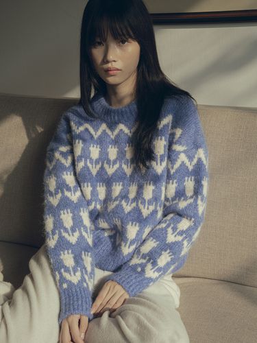 Flower hairy wool sweater_Blue - vanone atelier - Modalova