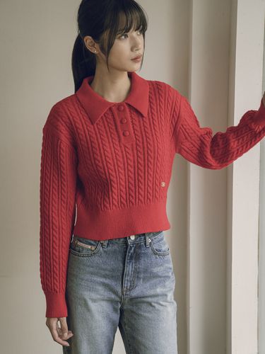 Nouveau cable collar sweater_Red - vanone atelier - Modalova