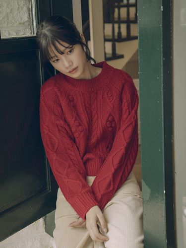 Grandma cable round knit_Red - vanone atelier - Modalova