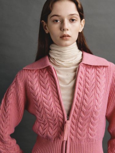 Two Tone Zip-Up Cardigan (Pink) - AVA MOLLI - Modalova