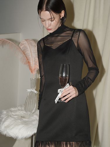 Feather Satin Slip Dress - Black - Atelier Nain - Modalova