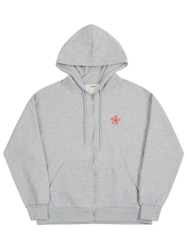 Pink Flower Smile Embroidery Hoodie Zip Up_Grey - GRAVER - Modalova