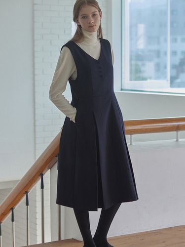 Wool Blend Pleated Dress - Navy - NONLOCAL - Modalova