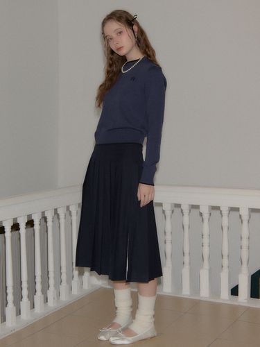 Side Slit Pleated Midi Skirt - Navy - SALON DE YOHN - Modalova