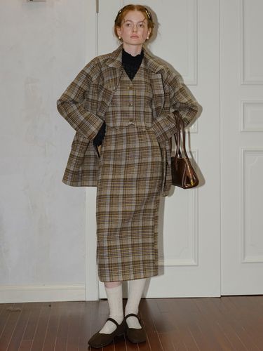 Autumn Wool Plaid Skirt Set_Gray Brown - Cest Moidew - Modalova