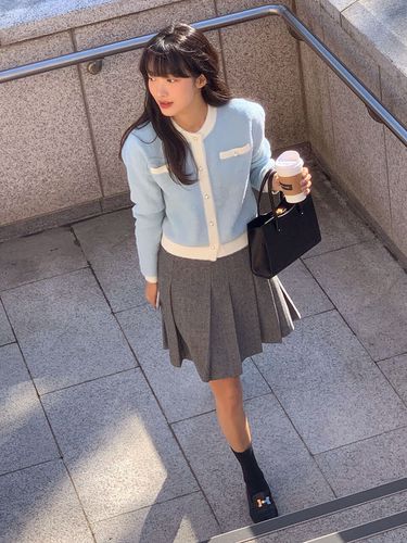 Metallic Trim Pearl Button Knit Jacket_Light Blue - a.t.corner - Modalova