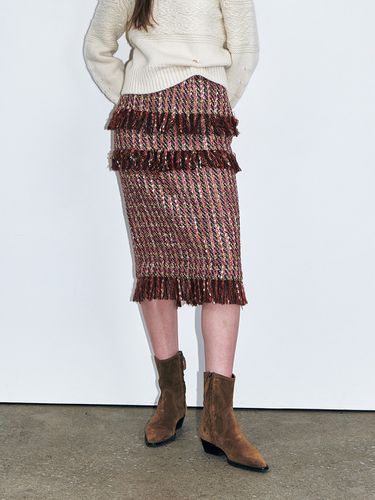 Tweed Fringe Midi Skirt_Brown Multi - KUME - Modalova