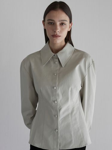 Oversized Shoulder Twill Shirts_Greyish Beige - ouie - Modalova