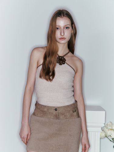 Leather Fur Mix Skirt (Brown) - ASURA - Modalova