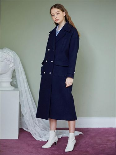 Wide Collar Double Coat - Navy - ILLUSTRIS ILLUSION - Modalova