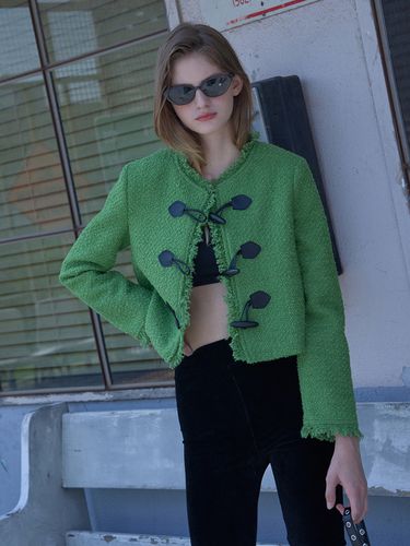 Toggle Button Fringe Tweed Wool Jacket_Green - 320SHOWROOM - Modalova