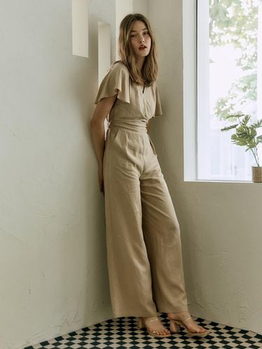 Linen Blend Short Sleeve Jumpsuit - HACIE - Modalova