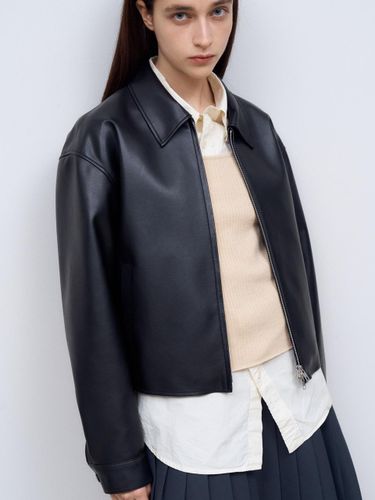 Faux Leather Cropped Single Jacket_Black - doffsept - Modalova