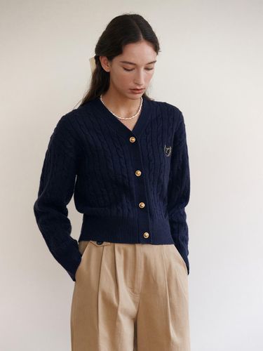 V-neck Cable Cardigan_Navy - ROLAROLA - Modalova