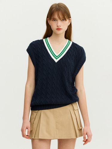 V-neck Cable Knit Vest _ Navy - AND YOU - Modalova