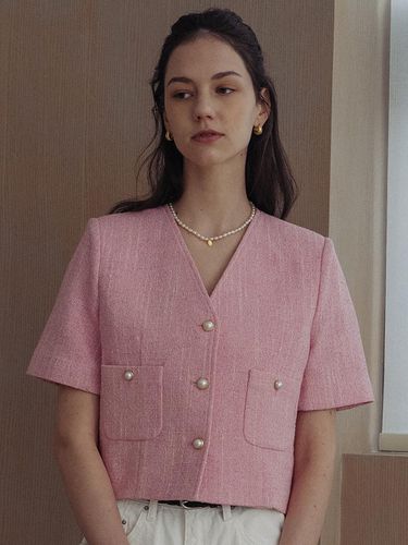 Collarless Pearl Button Summer Tweed Jacket _ Pink - TILLIDIE - Modalova