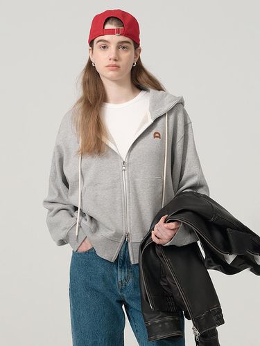 Unisex Leather Logo Zip-Up Hoodie_Melange Grey - Dunst for WOMEN - Modalova