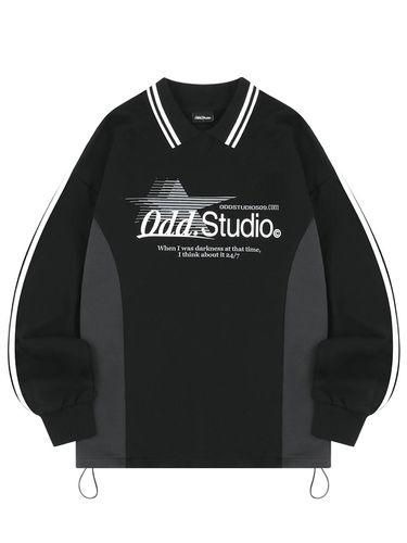 Sporty Track Collar String Sweatshirt - Black - ODD STUDIO - Modalova