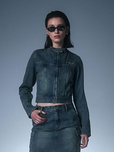 Sand Washed Biker Denim Cropped Jacket_Blue - ODD STUDIO - Modalova