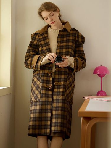 SR_Horn Button Plaid Hooded Coat_Brown - Simple Retro - Modalova