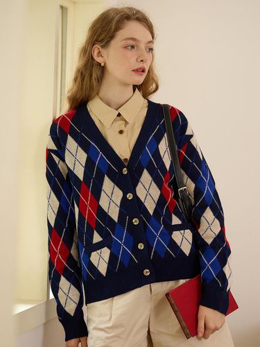 SR_Contrasting Rhombus Cardigan_Navy - Simple Retro - Modalova