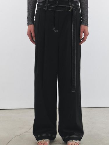 Belt Point Stitch Wide Slacks Black - MERENS - Modalova