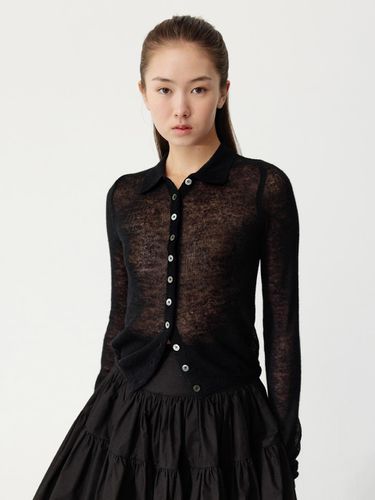 Sheer Collared Cardigan - Black - THETIS - Modalova